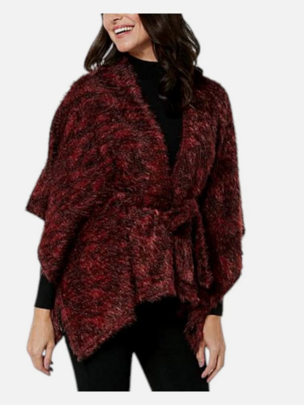 Colleen Lopez Women's Fuzzy Knit Belted Poncho Henna Size XS/S